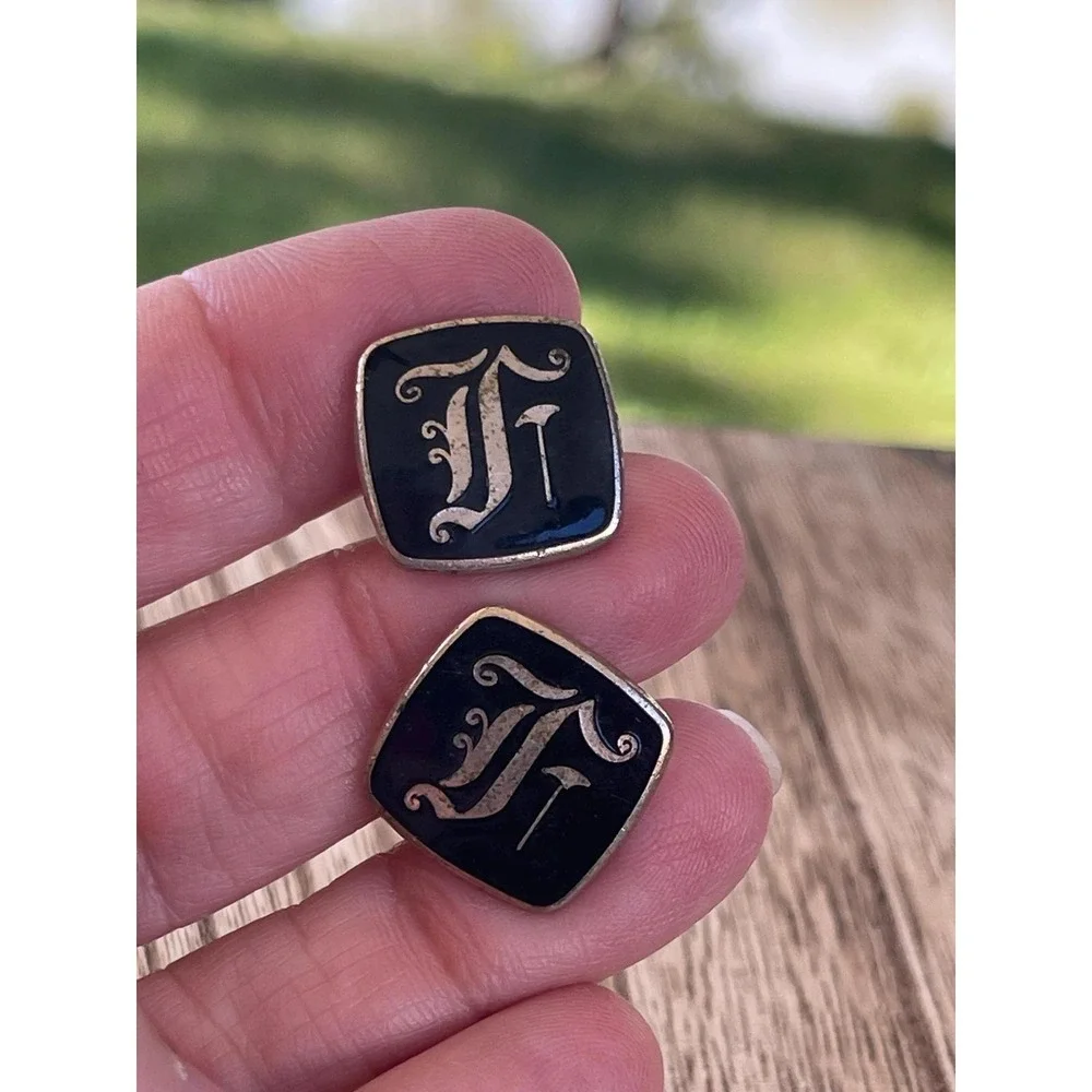 SALE Vintage Gold Tone Square‎ Cuff Links Black Initial F Collectible
